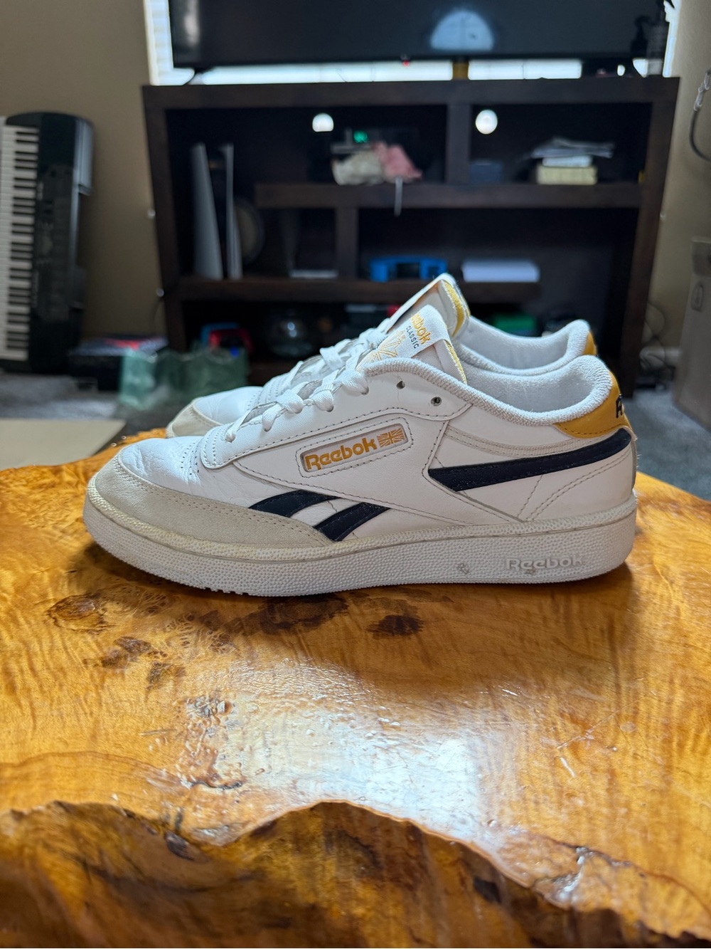 Reebok Men’s White Leather Sneakers with Navy & Yellow Accents